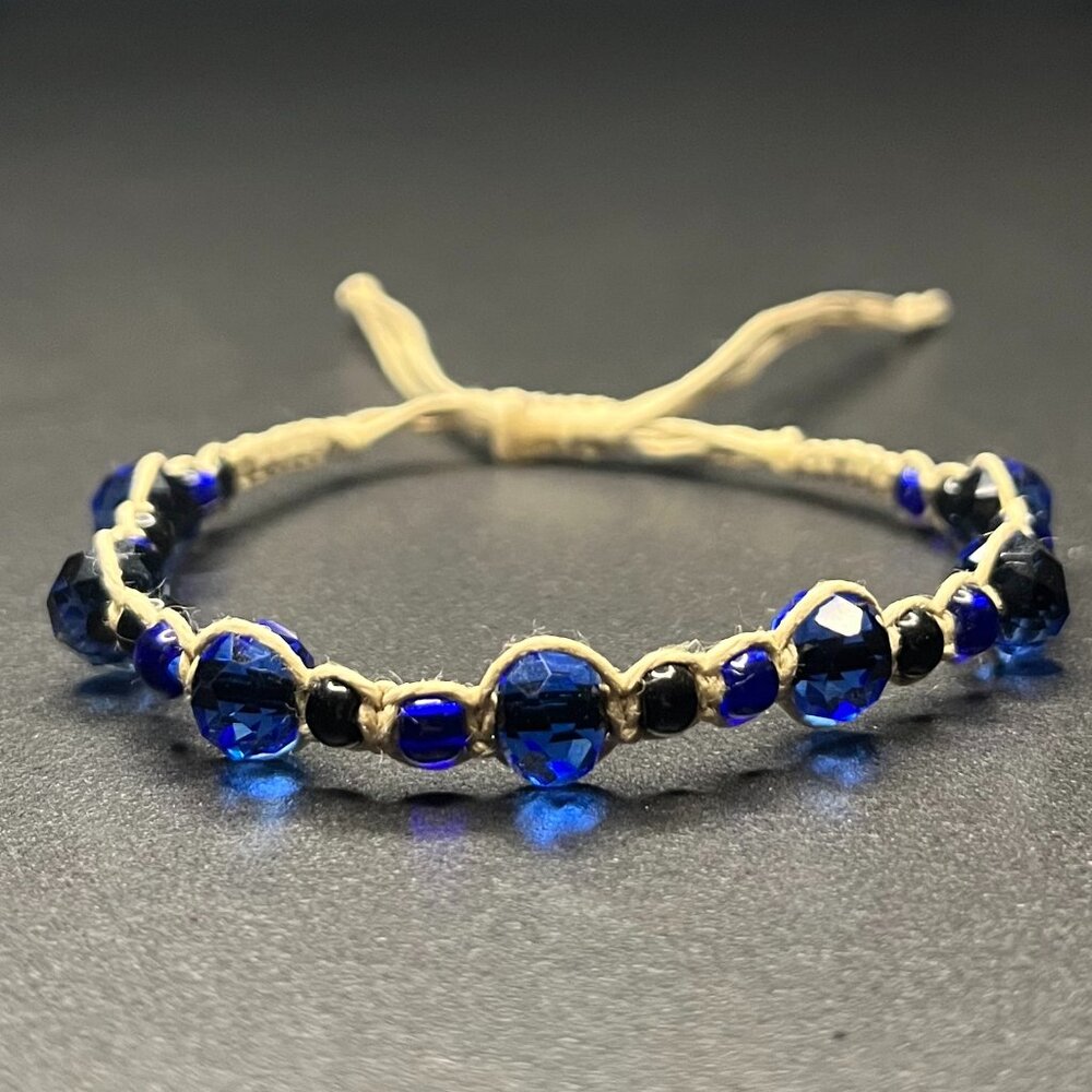 Braided Hemp Bracelet | Faceted Glass Beads | Dark Blue